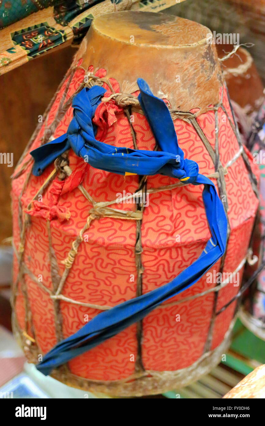 Large red colored liturgical hand drum inside the ethiopian orthodox christian Wukro Chirkos