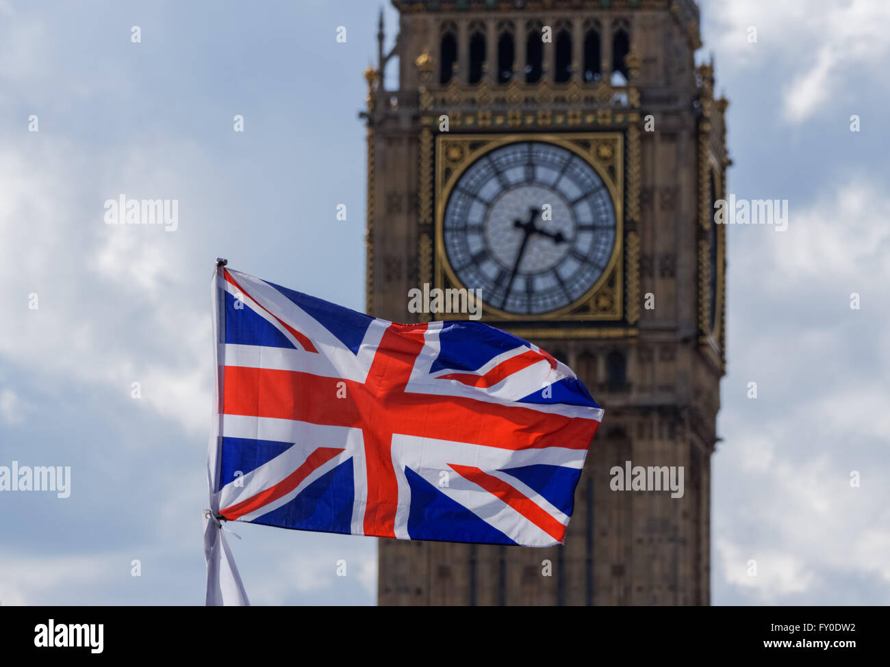 Union Jack flag and Big Ben in Westminster, London England United Kingdom UK Stock Photo
