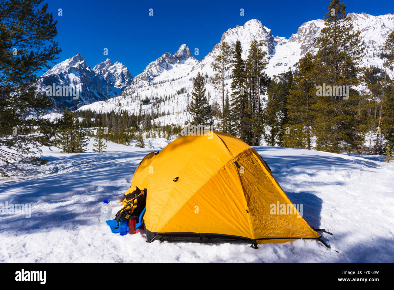 Yellow Dome Tent Under The Tetons In Winter Grand Teton National Park Wyoming Usa Stock Photo Alamy