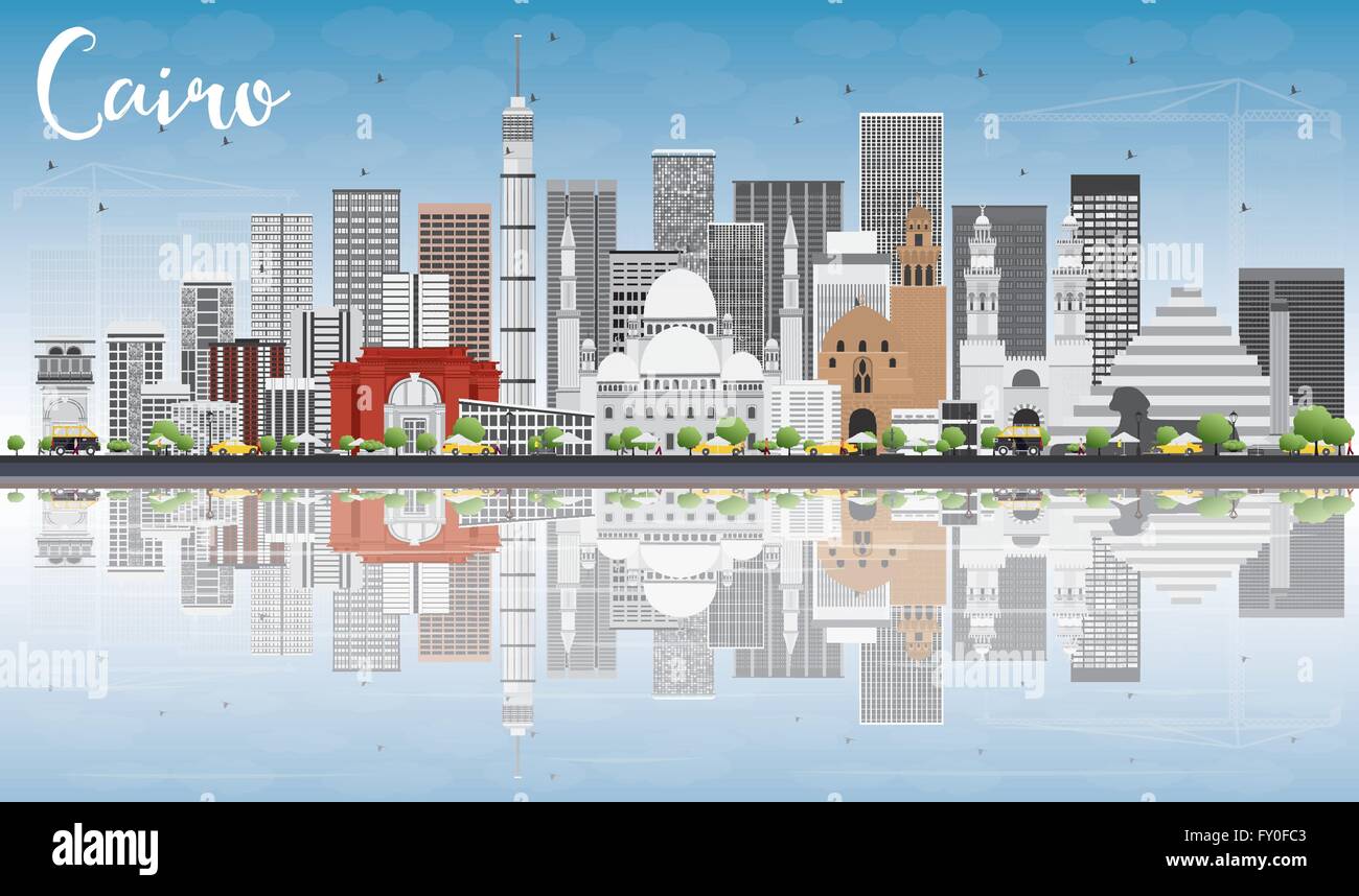 Cairo Skyline with Gray Buildings, Blue Sky and Reflections. Vector ...
