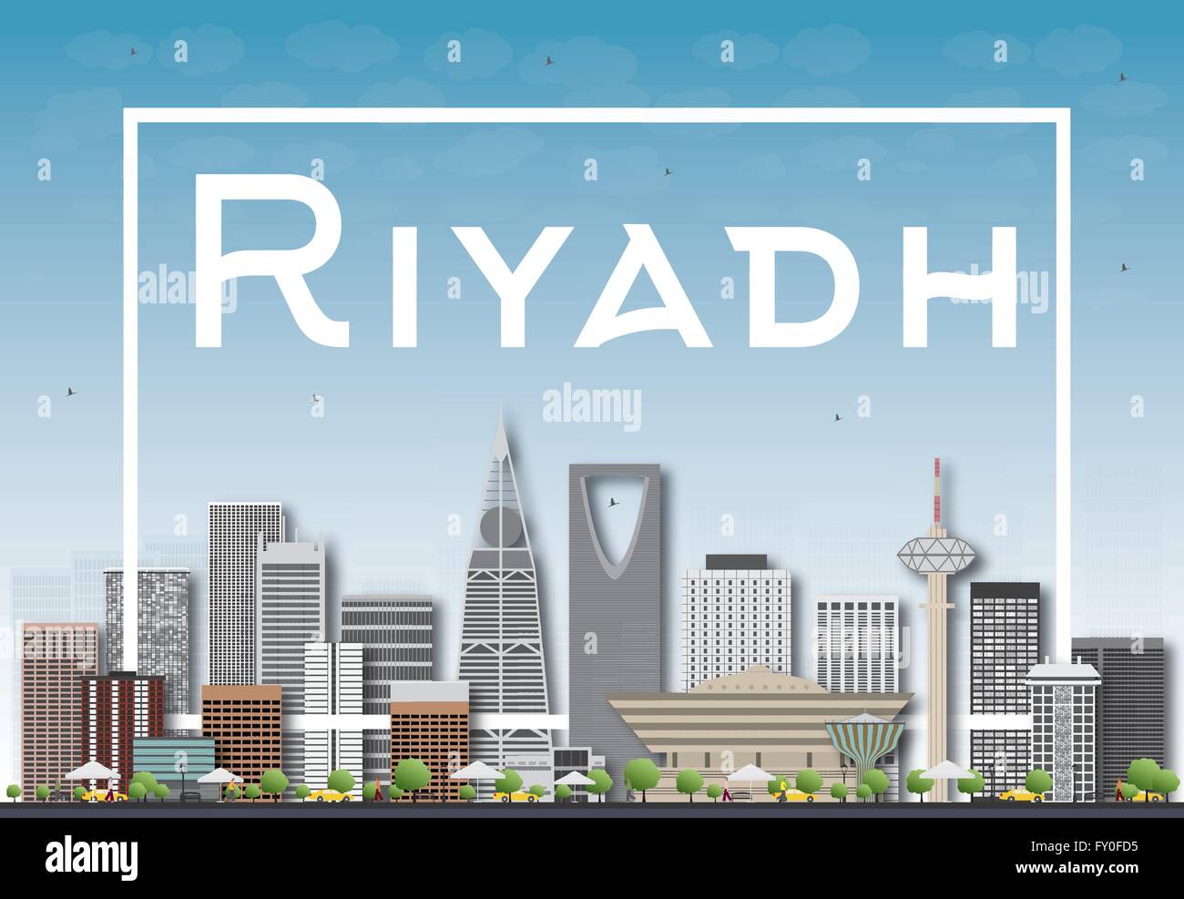 Riyadh skyline with gray buildings and white frame. Vector illustration. Business and tourism concept with skyscrapers. Stock Vector