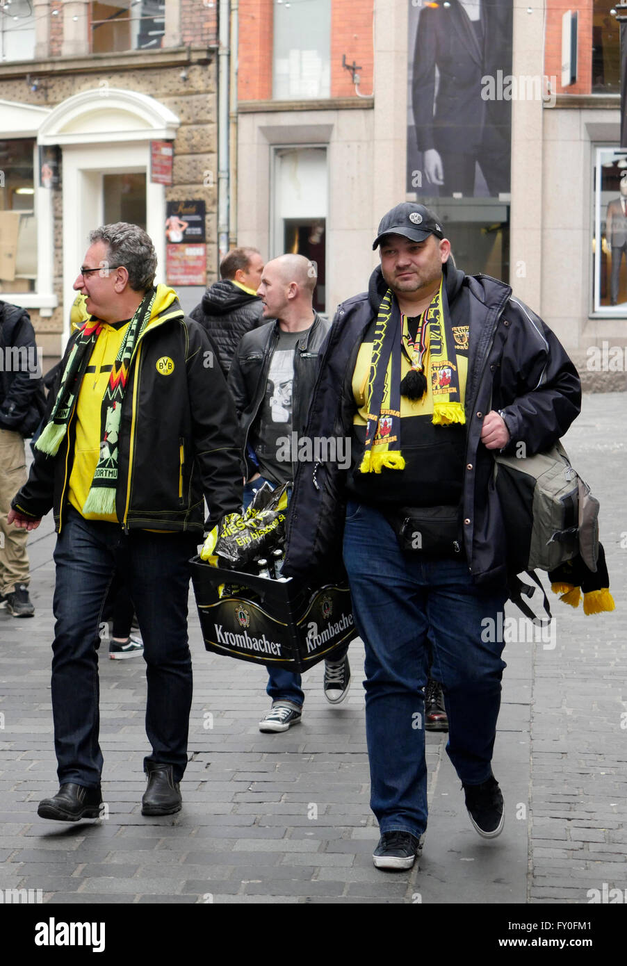 Liverpool UK 14 April 2016 Borussia Dortmund fans in Liverpool City Centre ahead ofthe  game against Liverpool at Anfield Stock Photo
