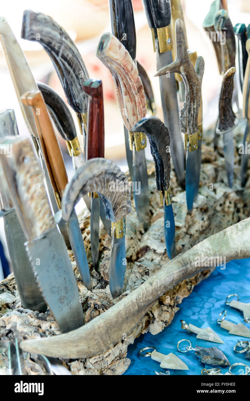 Artigianal Sardinian knives with handle in horn bone, built by craftsman cutler. Stock Photo