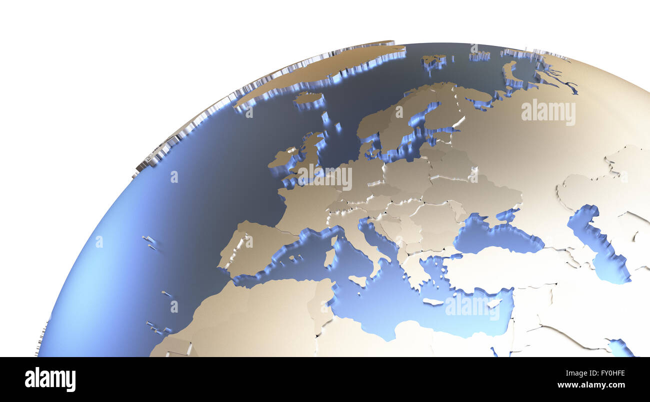 Europe on metallic model of planet Earth with embossed continents and ...
