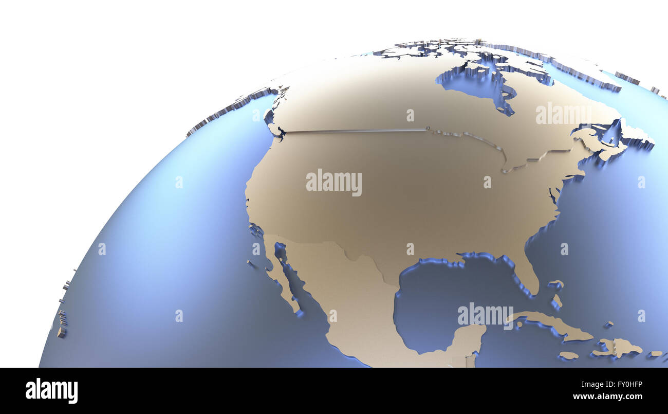 North America on metallic model of planet Earth with embossed ...