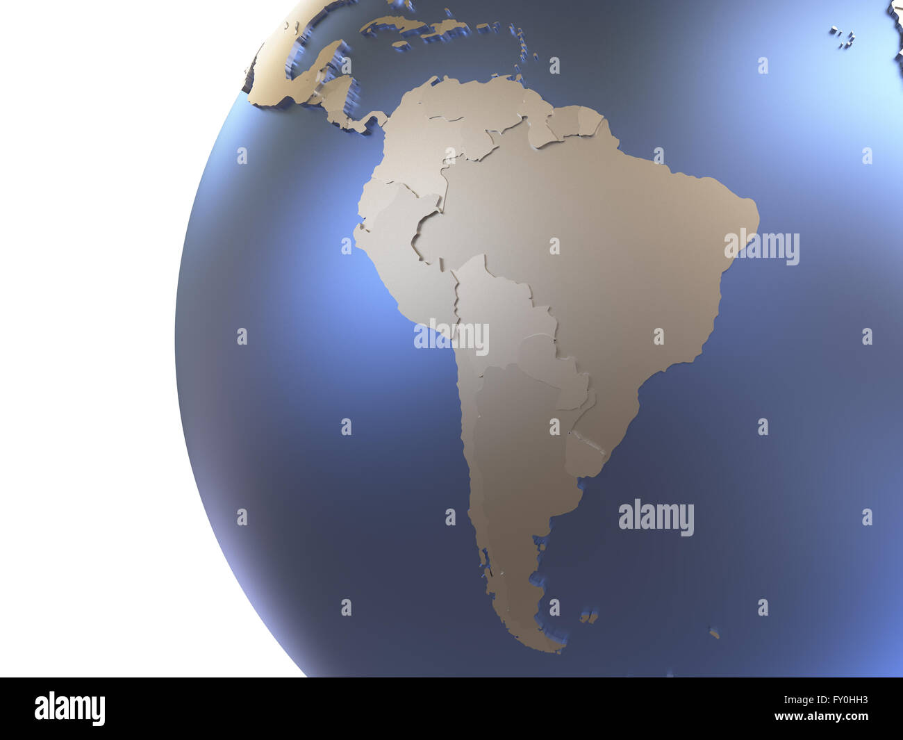 South America on metallic model of planet Earth with embossed ...