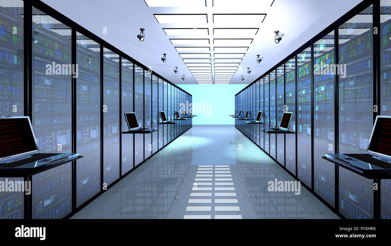 Terminal monitor in server room with server racks in datacenter interior Stock Photo