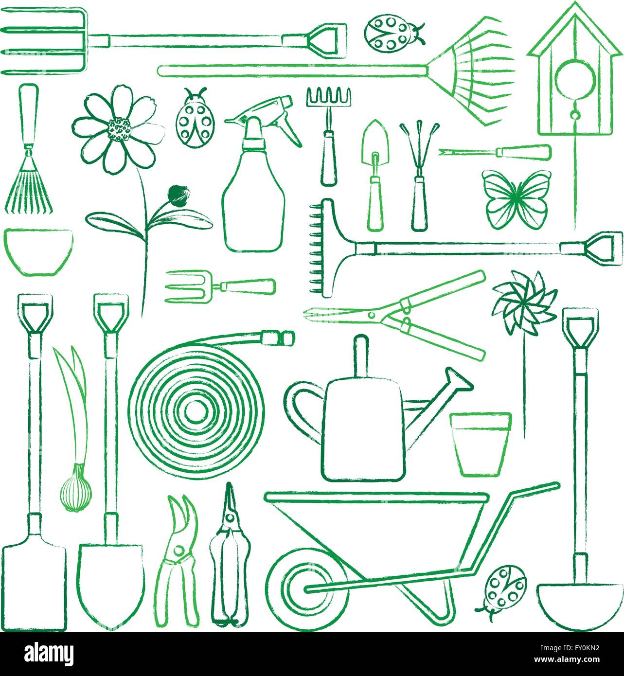 Hand drawn gardening objects Stock Vector