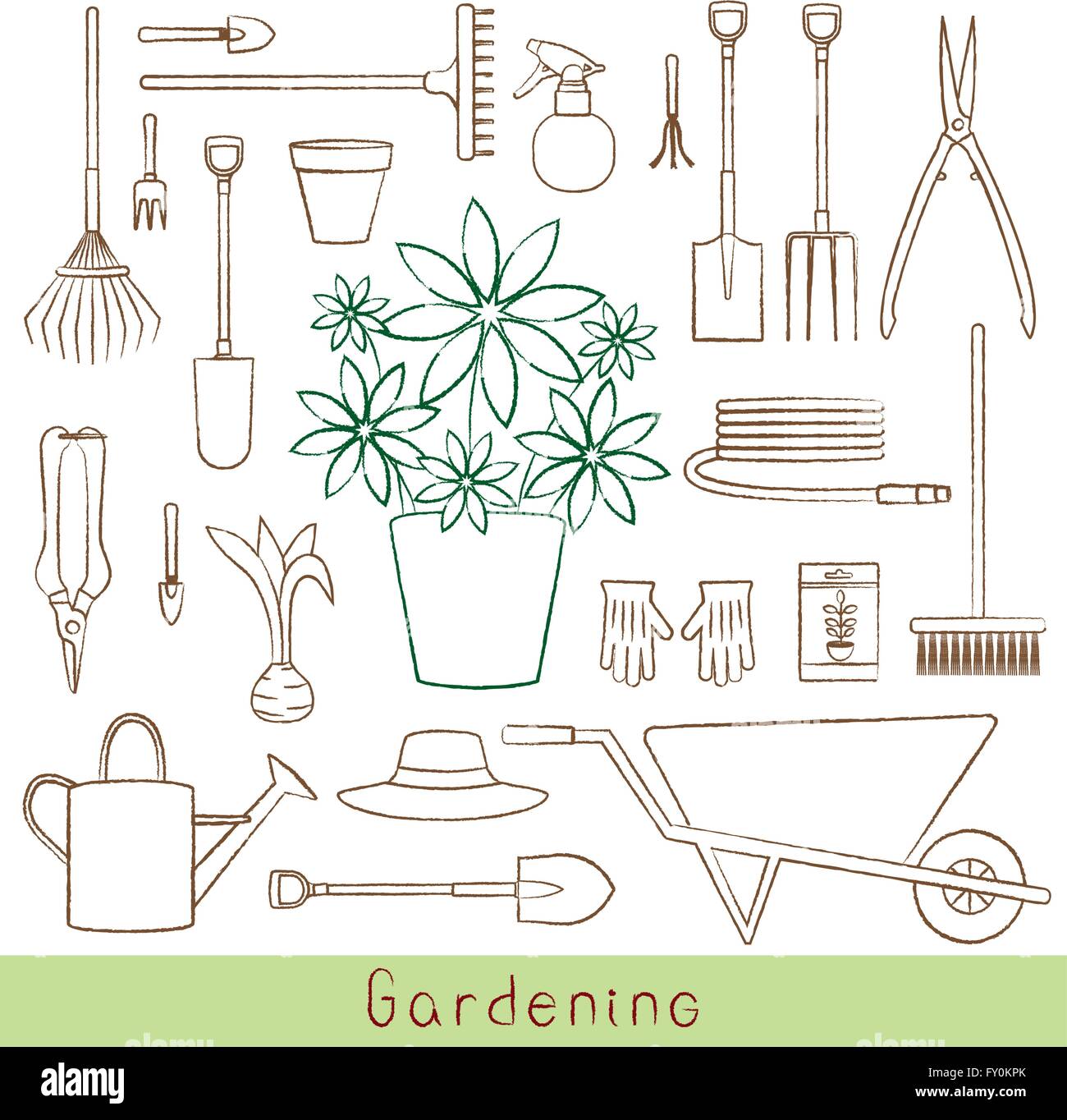 Hand drawn gardening related objects Stock Vector