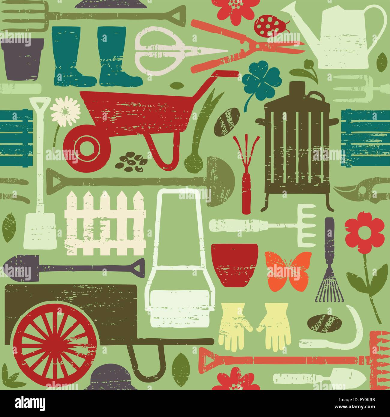 Retro gardening related seamless pattern background Stock Vector