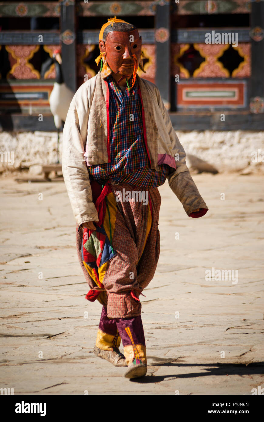 Masked clown at Black-necked Crane Festival held in Gangte Monastery in the Phobjikha Valley of Bhutan Stock Photo