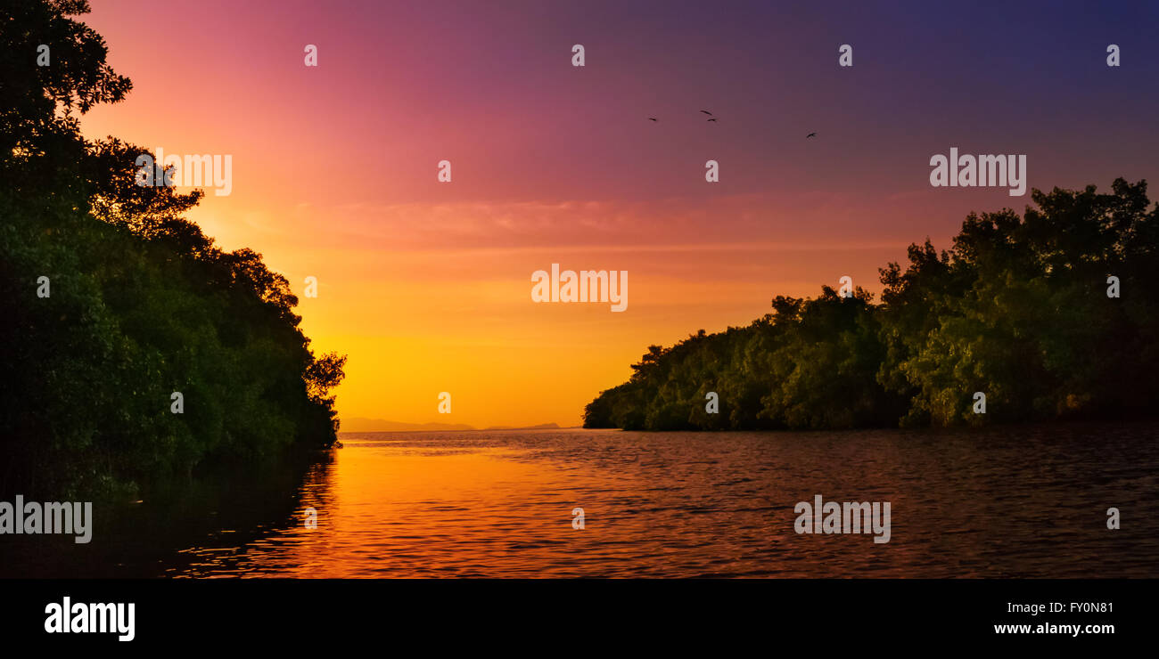 Mangrove blue river leading to the open sea Trinidad and Tobago colourful sunset Stock Photo