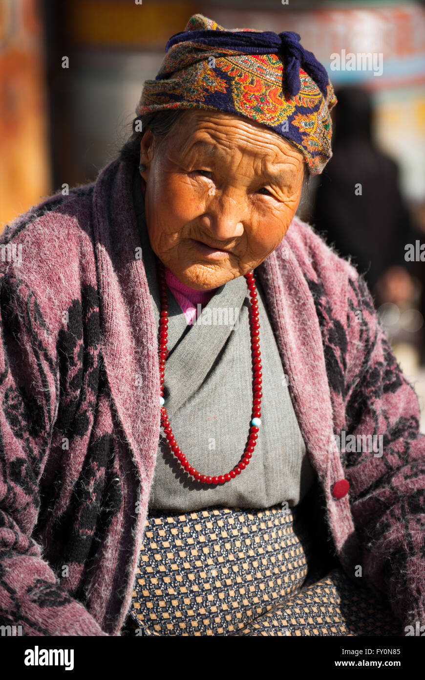 Portrait of elderly Bhutanese woman in Thimphu Stock Photo