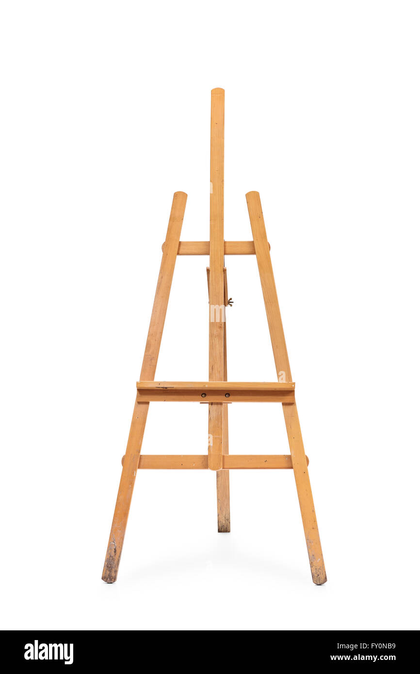Vertical studio shot of an empty wooden painting easel isolated on white background Stock Photo