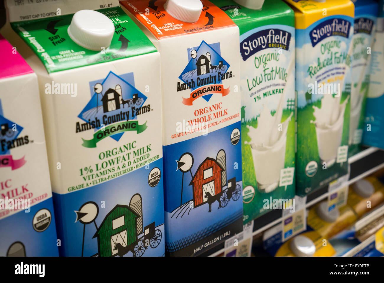 Containers of whole and reduced fat organic milk in a supermarket in New York on Thursday, April 14, 2016. A recent report from the European Journal of Nutrition concluded that whole milk may be better for you than reduced fat products. Researchers found no difference between those who used either product in terms of diabetes and cardiovascular disease.  (© Richard B. Levine) Stock Photo