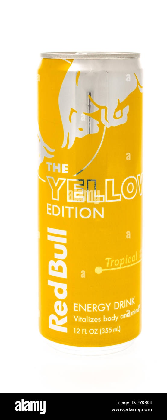 Winneconne, WI - 16 April 2015:  Can of Red Bull Yellow Edtion in tropical flavor. Stock Photo