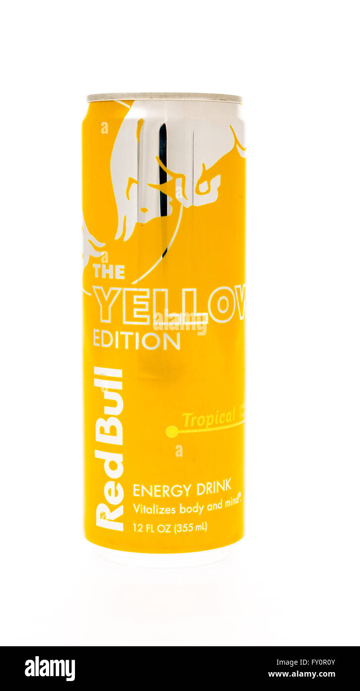 Winneconne, WI - 20 April 2015:  Can of Red Bull Yellow Edtion in tropical flavor. Stock Photo