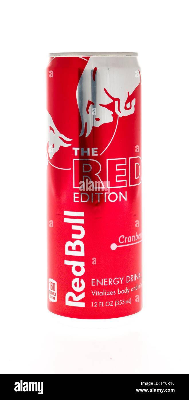 Winneconne, WI - 17 May 2015: Can of Red Bull red edition in cranberry flavor. Stock Photo