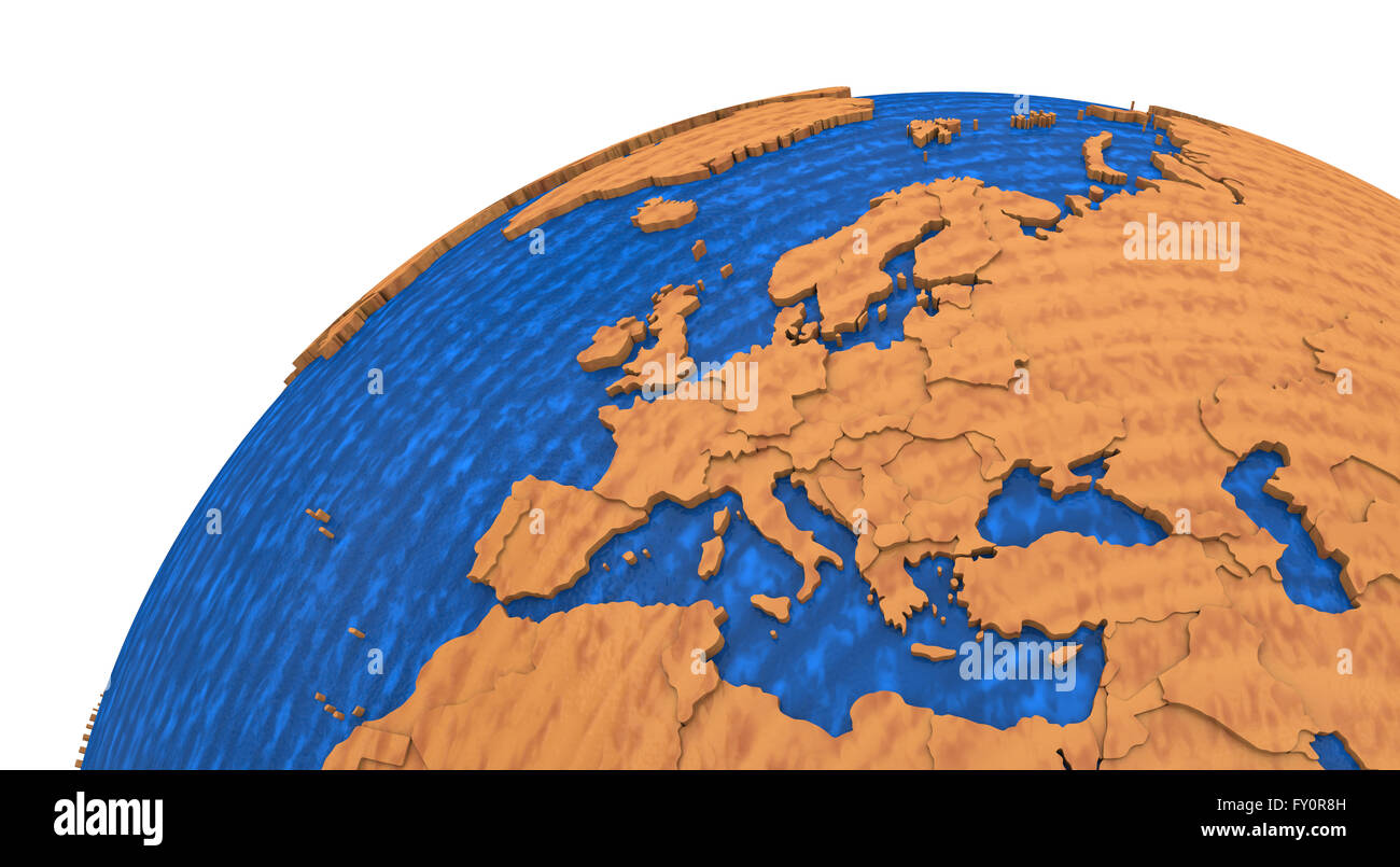 Europe on wooden model of planet Earth with embossed continents and ...