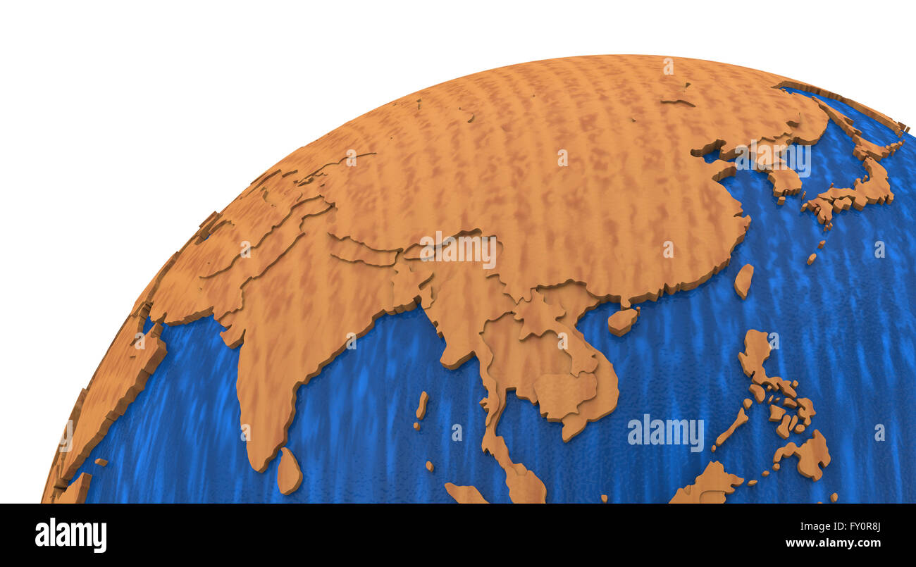 Southeast Asia on wooden model of planet Earth with embossed continents ...