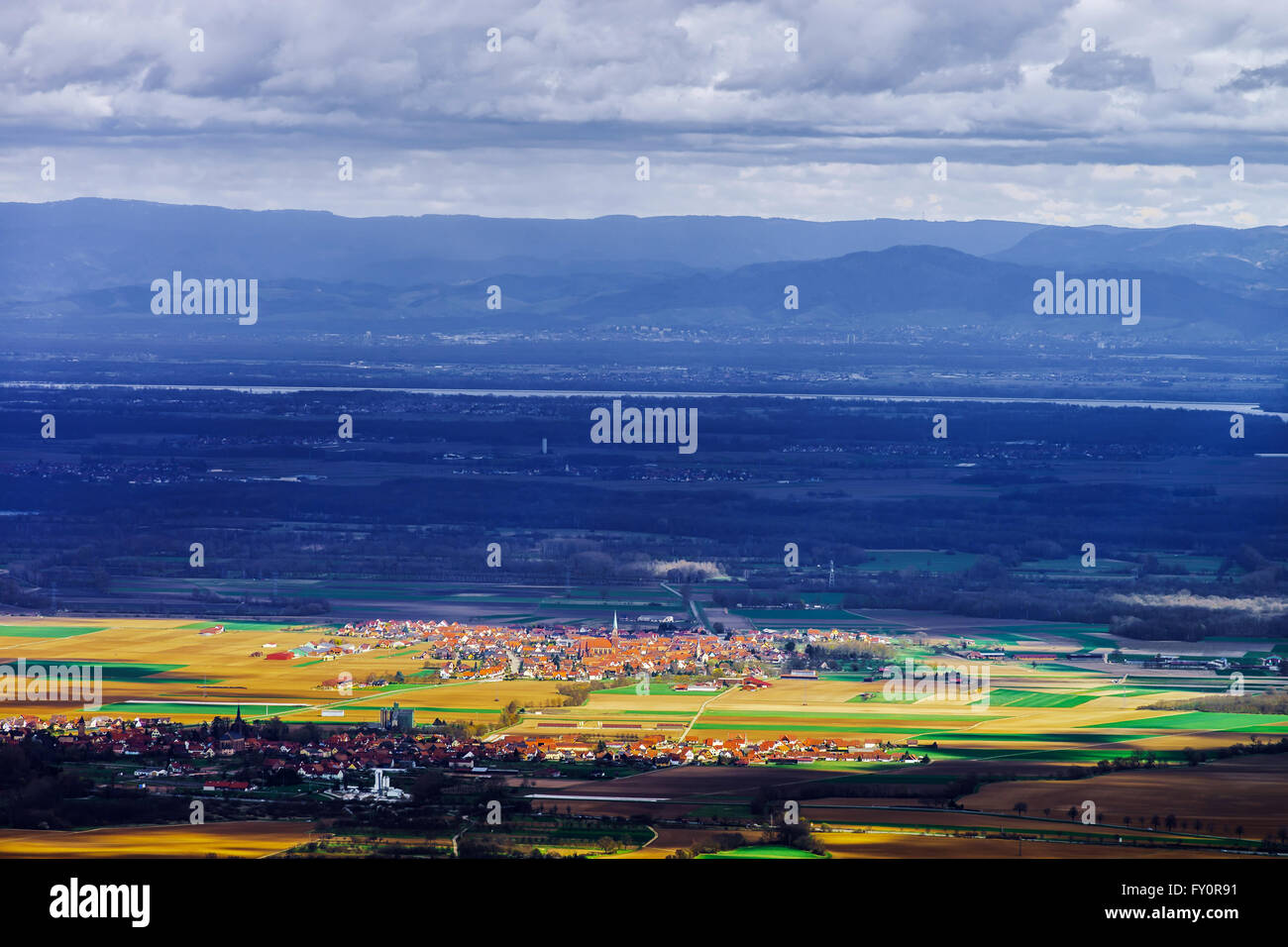 Panoramic overview to Alsace from abbey Mont Saint Odile. Spring colors