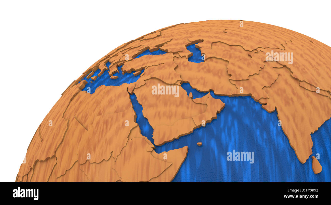 Middle East region on wooden model of planet Earth with embossed ...
