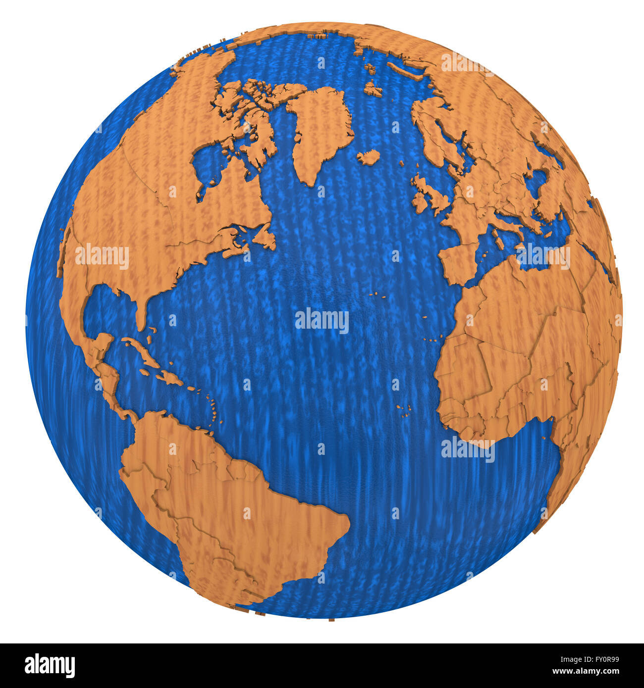 North America and Europe on wooden model of planet Earth with embossed ...