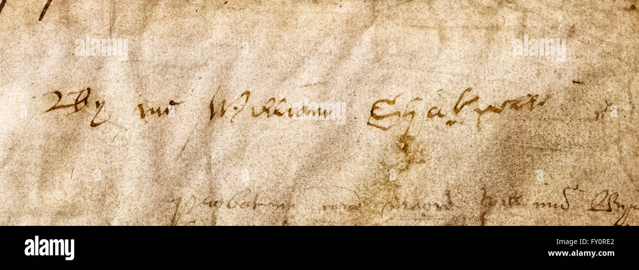William Shakespeare's signature on the bottom of his will, displayed at a temporary exhibition 'By Me William Shakespeare' in Somerset House, London, marking the 400th anniversary of the playwright's death. The will is normally kept at the National Archives in Kew. This is one of the few surviving examples. Stock Photo