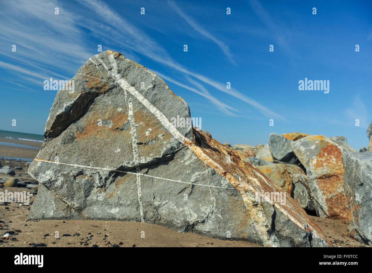A large piece of rock with quarts veins cutting through it on a beach ...