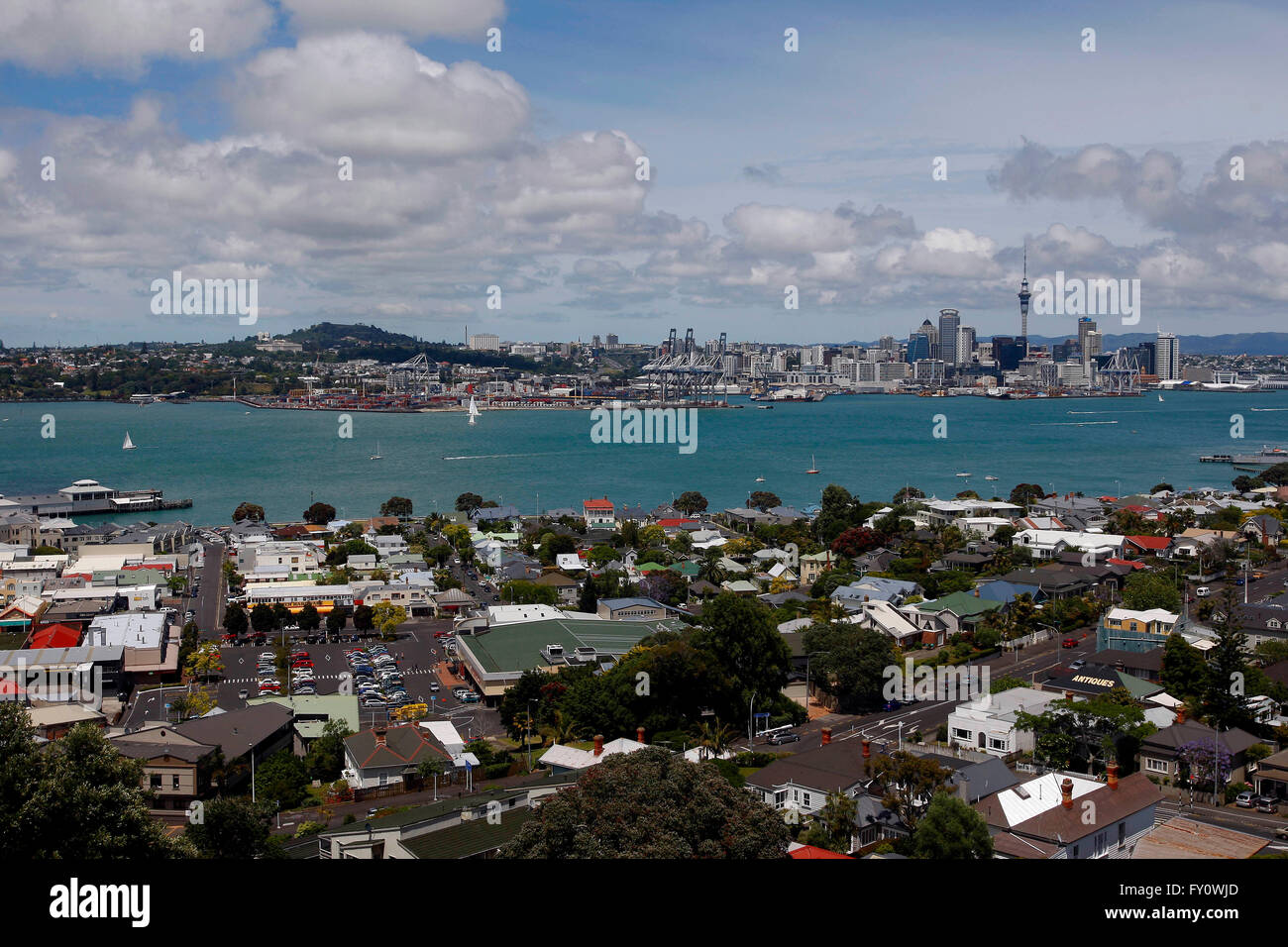 A wide angle view of the Auckland, New Zealand skyline including the Sky Tower as seen from the top of Mt. Victoria in Devonport Stock Photo