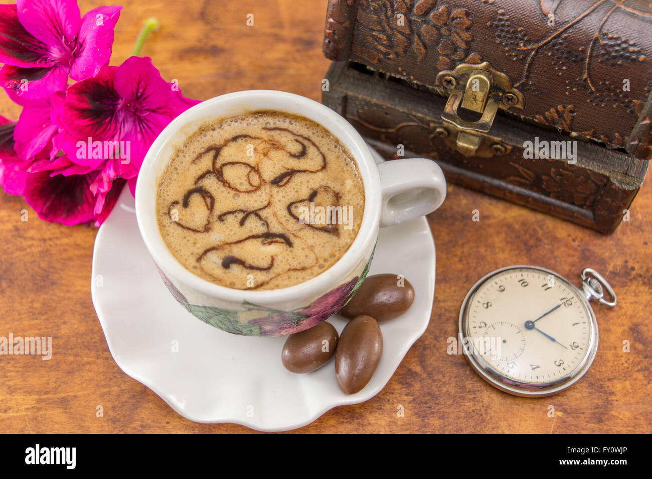 Artisan coffee on a brown wooden table Stock Photo