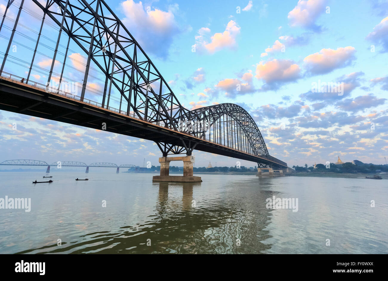 Irrawaddy (or Yadanabon) Bridge over the Irrawaddy River, Sagaing, near Mandalay, Myanmar (Burma) on a misty, foggy morning Stock Photo