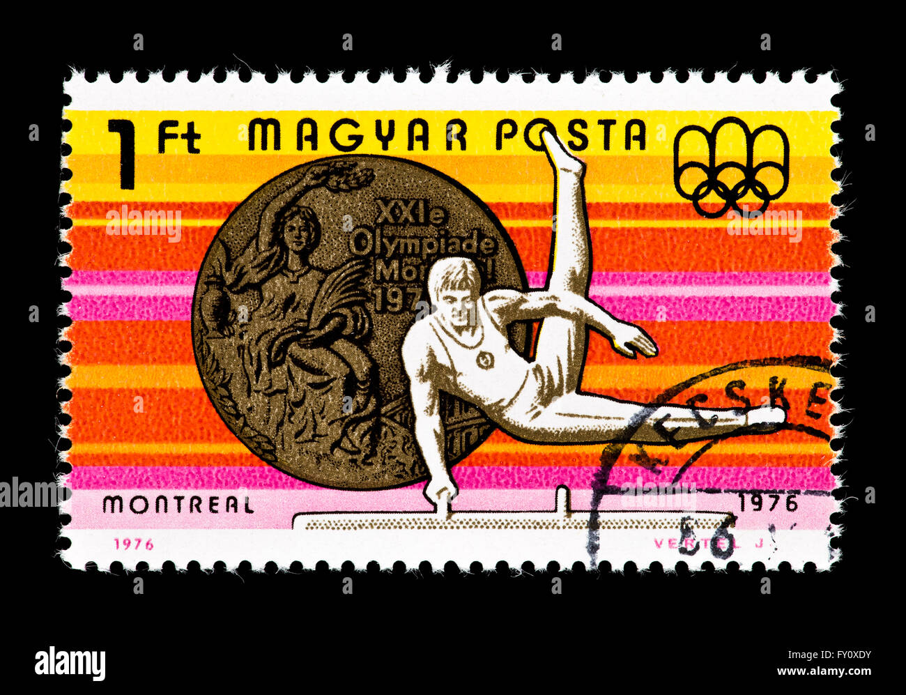 Postage stamp from Hungary depicting a gymnast on the pommel horse, issued for the 1976 Olympic Games in Montreal. Stock Photo