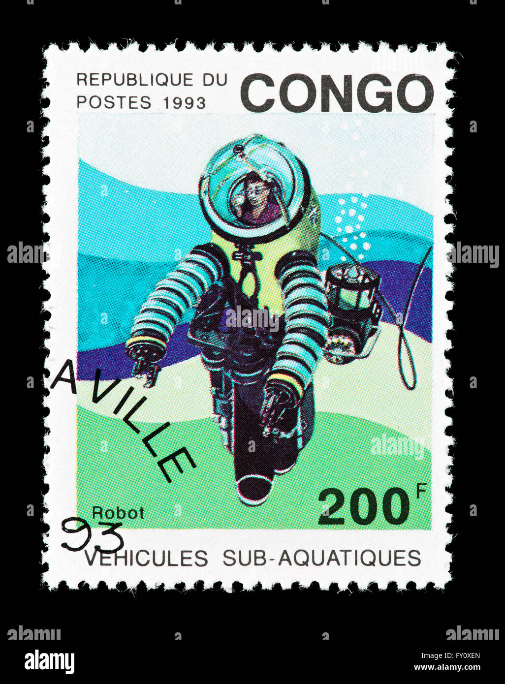 Postage stamp from Congo depicting a robot deep sea submersible. Stock Photo