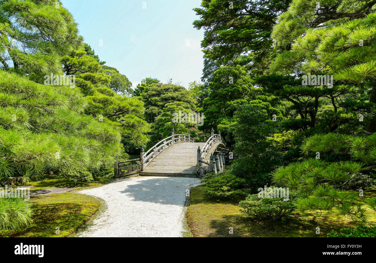 Wooden bridge in the garden, Kyoto, Japan Stock Photo