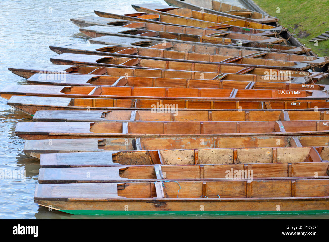 Punting boats moored to the bank of the River Cam in Cambridge, Cambridgeshire, England Stock Photo