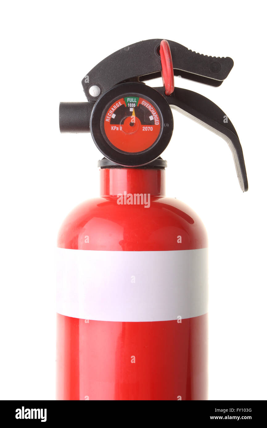 Red fire extinguisher showing correct pressure gauge isolated on white background Stock Photo