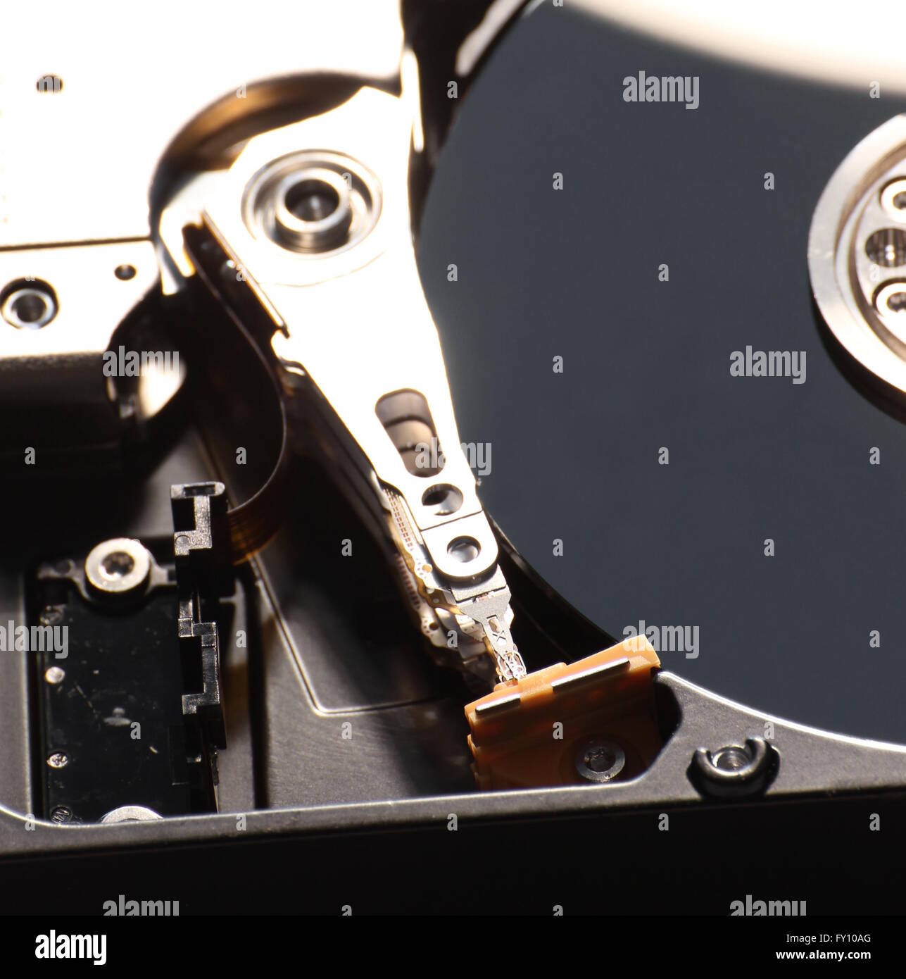 Hard disk, close-up of the reading head. Stock Photo