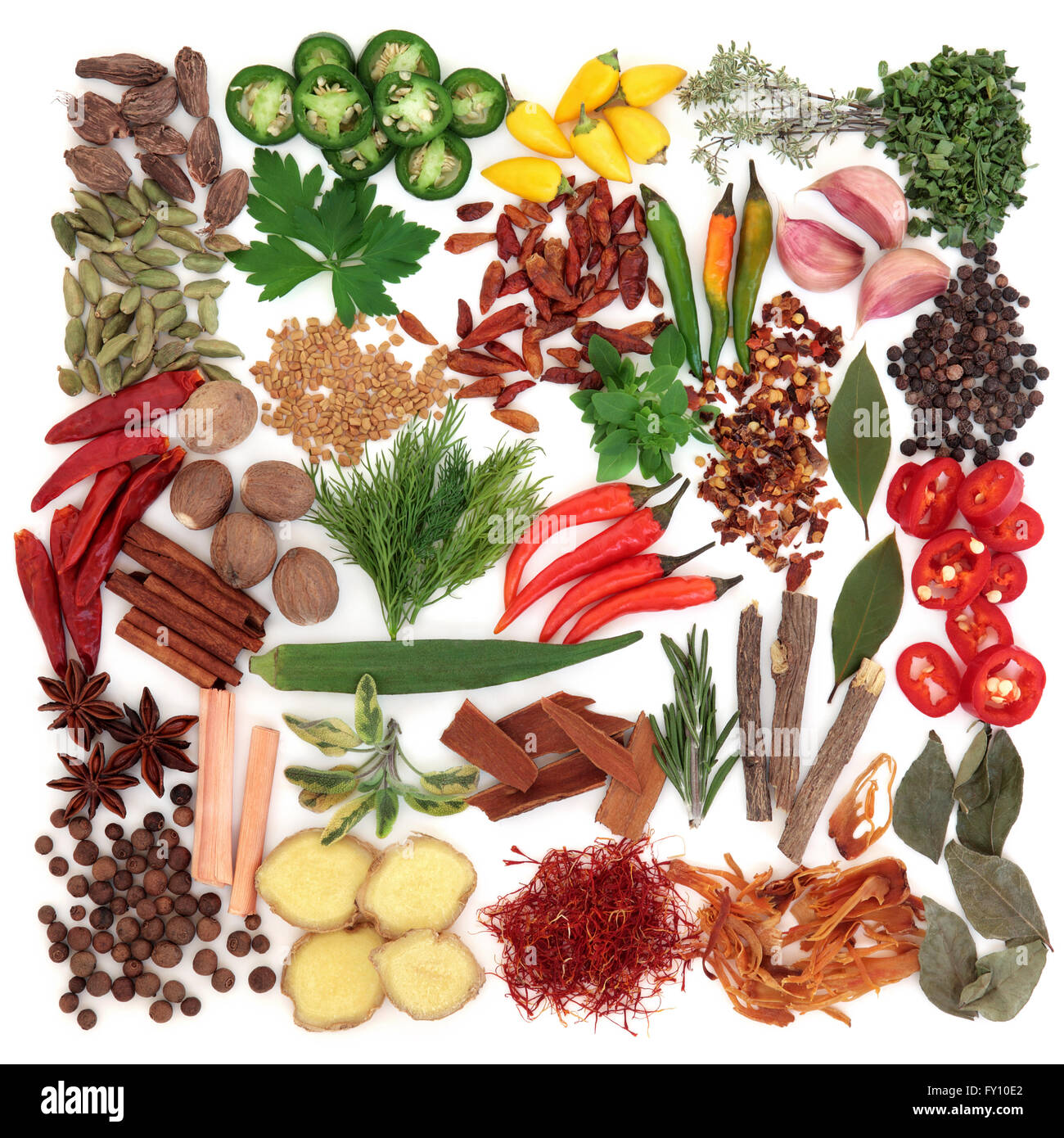 Large herb and spice selection over white background. Stock Photo