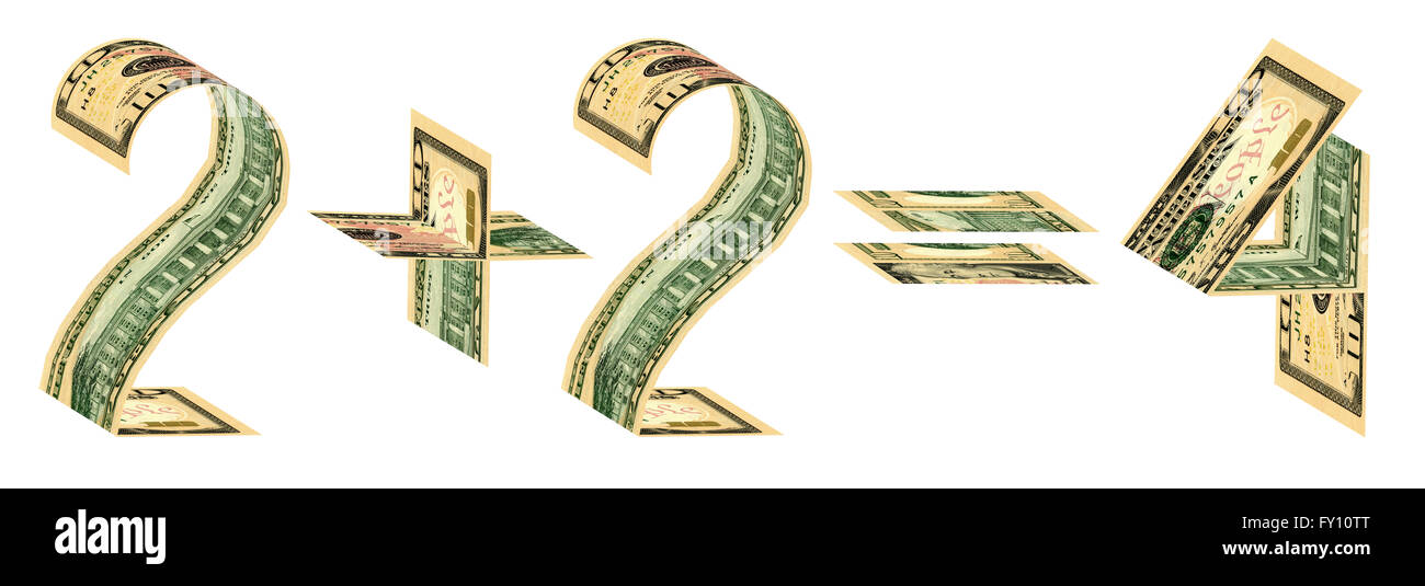 Two plus two equals four made of ten dollar banknotes. Isolated on white Stock Photo Alamy