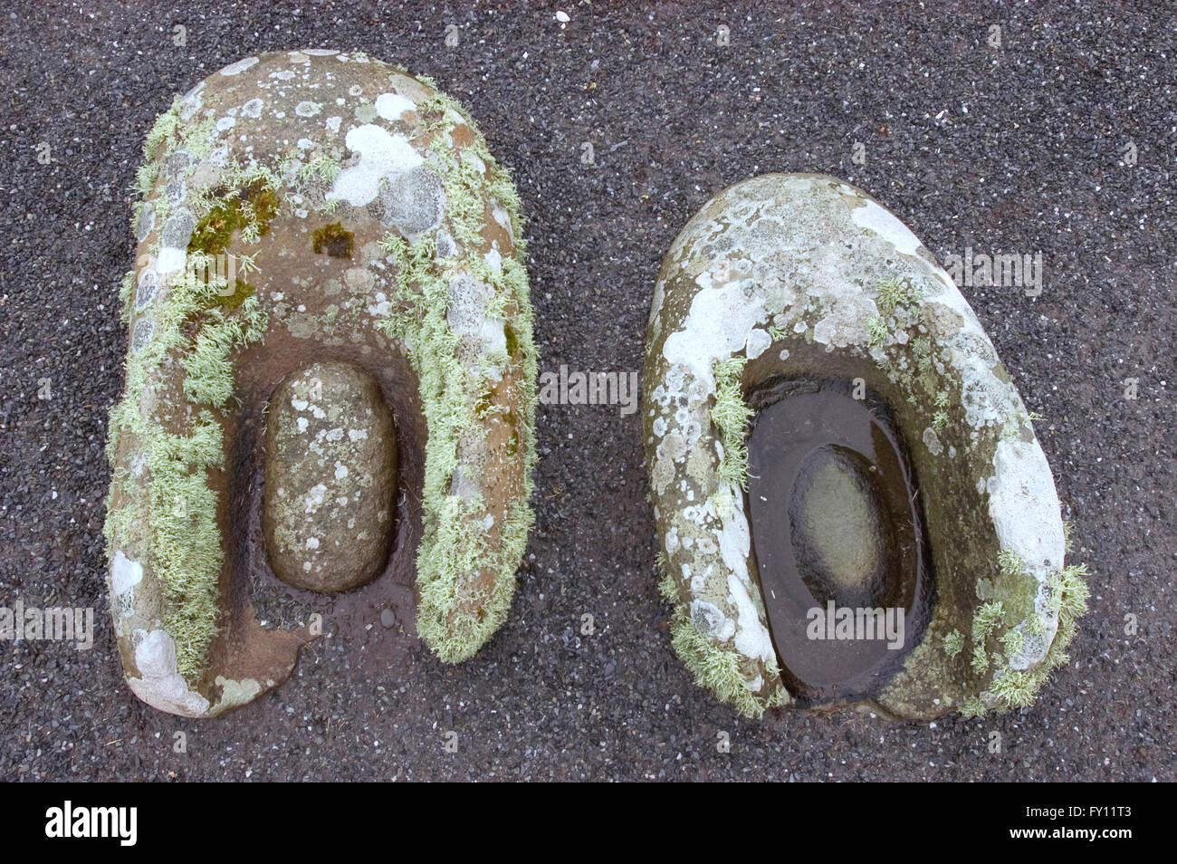 Jarlshof Ruins, Stone mortar & pestles from excavated Iron Age Settlement, Shetland Islands, Scotland Stock Photo