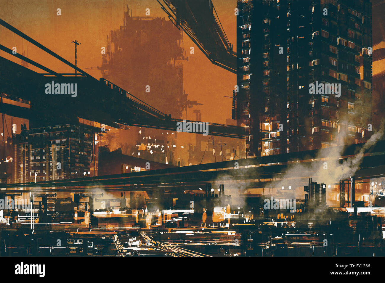 sci fi scene showing futuristic industrial cityscape,illustration Stock Photo