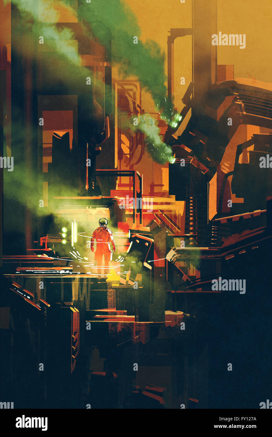 sci-fi scene showing red astronaut standing on futuristic architecture,illustration Stock Photo