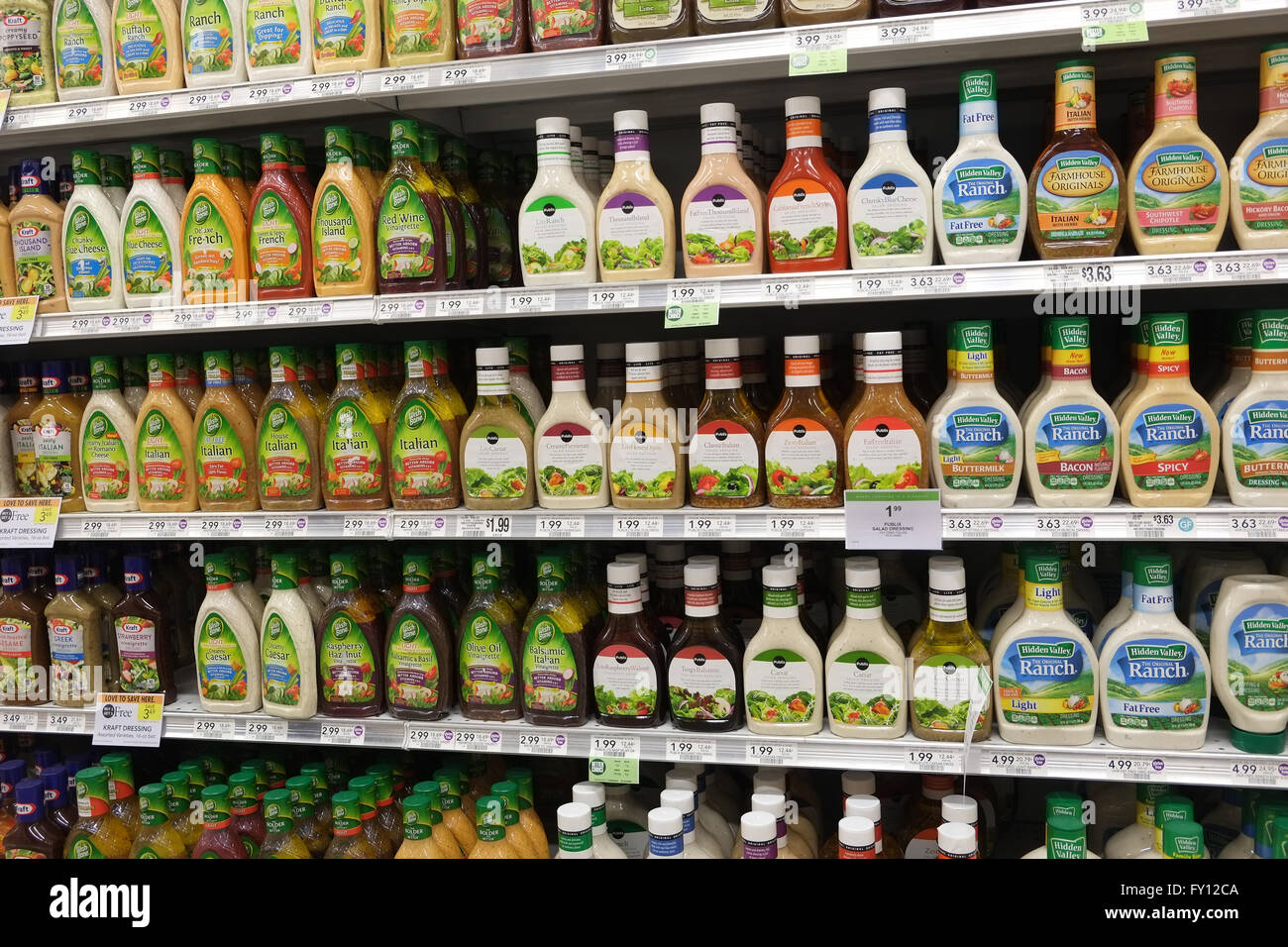 Well stocked shelves of sauces and mayonnaise in a supermarket in Florida, April 2016 Stock Photo