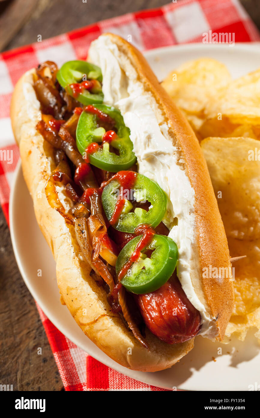 Homemade Seattle Style Hot Dog with Cream Cheese and Onions Stock Photo