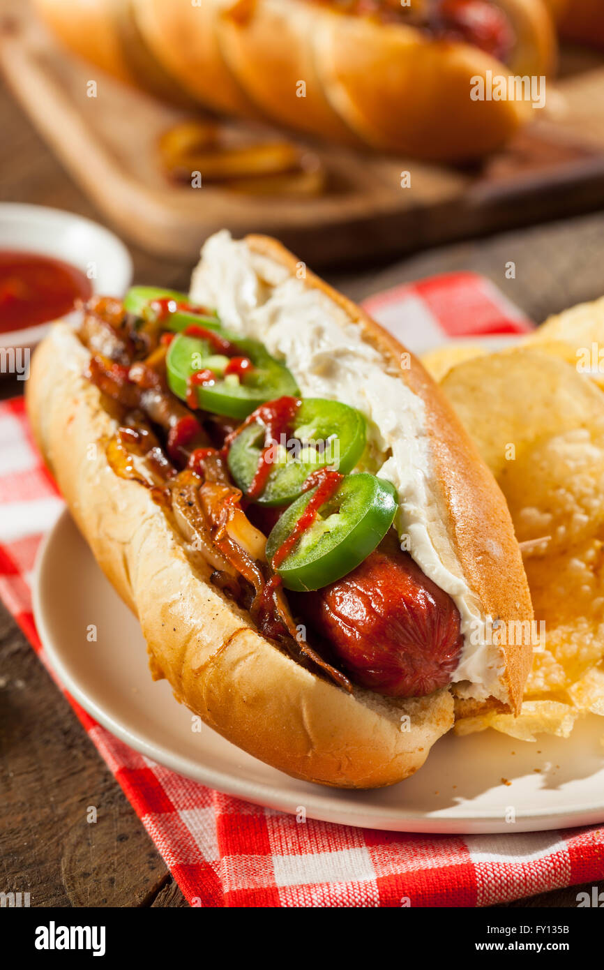 Homemade Seattle Style Hot Dog with Cream Cheese and Onions Stock Photo