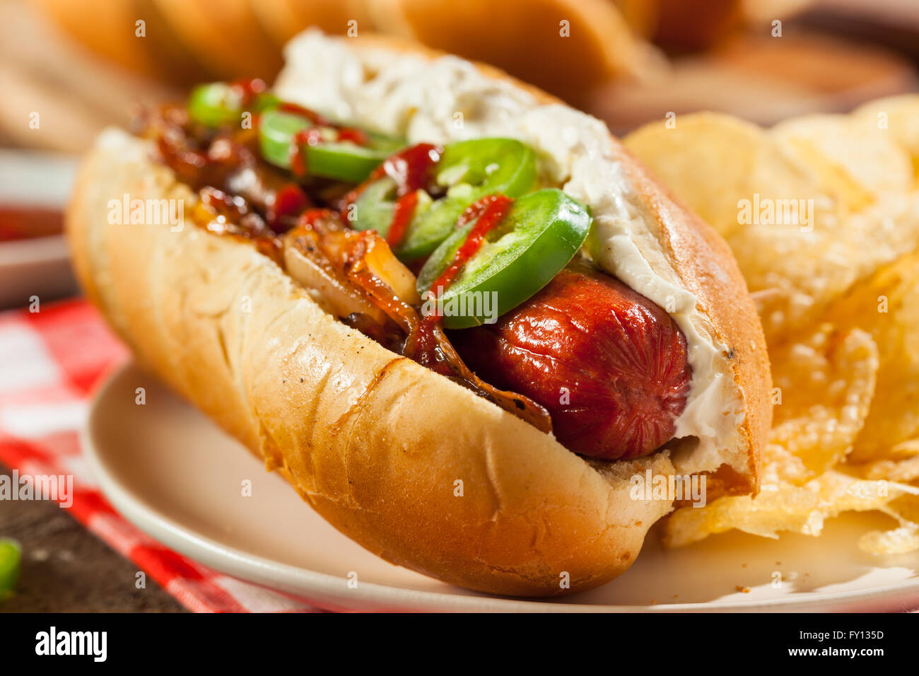 Homemade Seattle Style Hot Dog with Cream Cheese and Onions Stock Photo