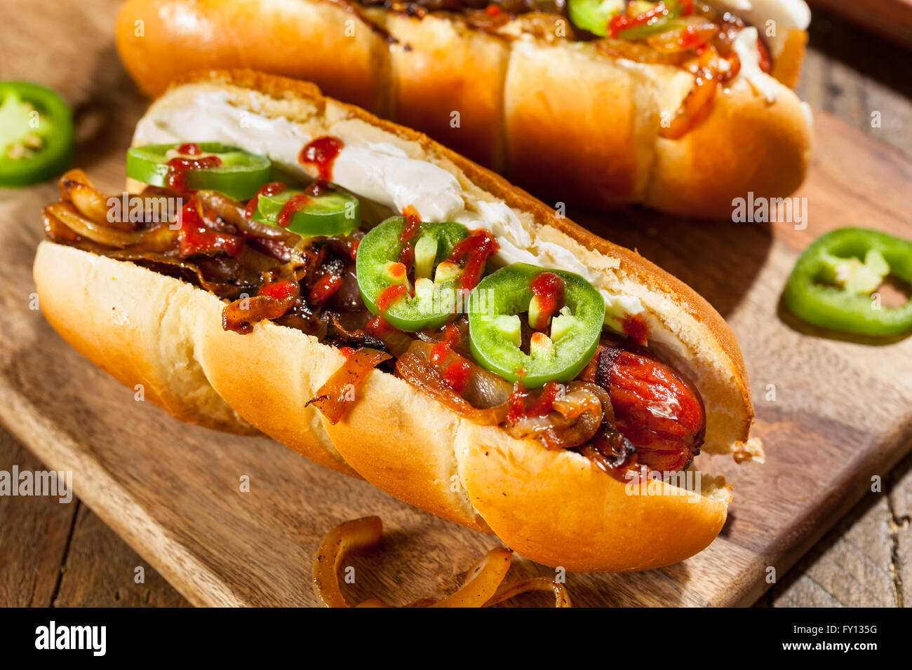 Homemade Seattle Style Hot Dog with Cream Cheese and Onions Stock Photo