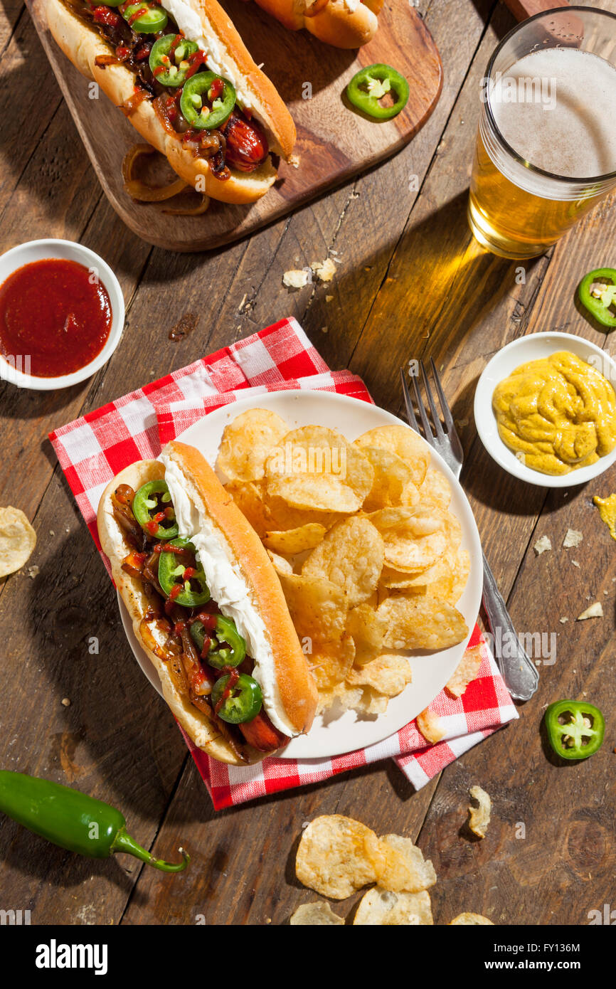 Homemade Seattle Style Hot Dog with Cream Cheese and Onions Stock Photo