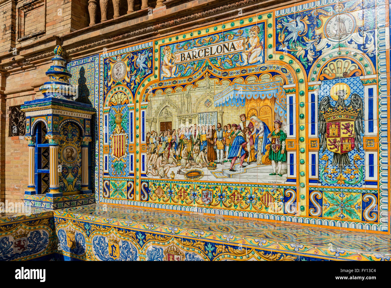 Antique ceramic, wall tiles representing provinces and cities of Spain , Barcelona , Placa de Espana, spanish square, Seville, A Stock Photo